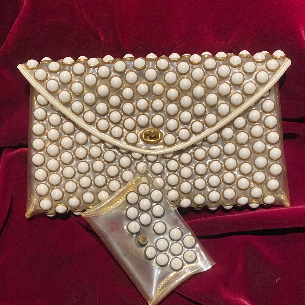 White bead Embellished clear vinyl Clutch with Coin Purse